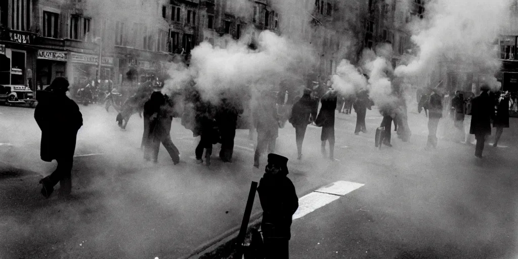 Image similar to street photo, revolution, smoke on the street, a thousands of people closeup, film photography, exposed b & w photography, christopher morris photography, bruce davidson photography, peter marlow photography