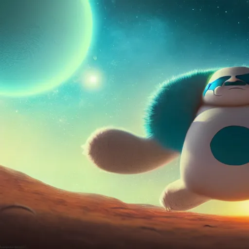 Prompt: portrait of a Snorlax alone on a distant planet with spaceship destroyed, octane render, trending on artstation, hyperrealistic, character photography