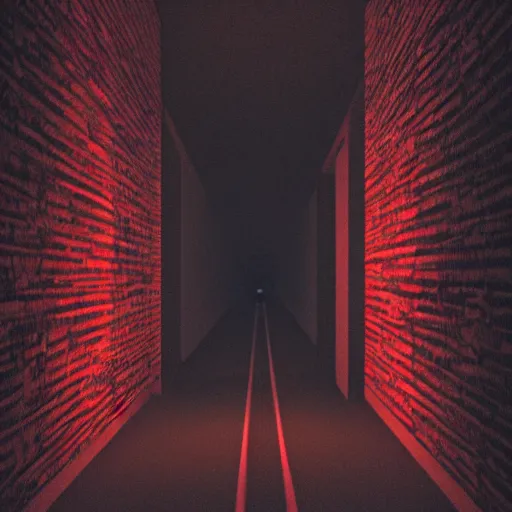 Image similar to photograph of an extremely dark narrow hallway with glowing humanoid cryptid made out of television static, dark deep black shadows, red and black color contrast in the style of trevor henderson, liminal space, 3 d octane render, glitch effect