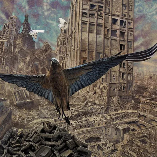 Prompt: bird flying through the center of a post apocalyptic radiated ruined city, surrealism, deep aesthetic, abstract realism, highly ornate intricate details, 1 9 2 0's colored pencil, 4 k, cinematic lighting,