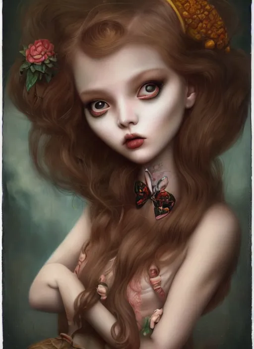 Image similar to pop surrealism, lowbrow art, realistic cute alice girl painting, japanese street fashion, hyper realism, muted colours, rococo, loreta lux, tom bagshaw, mark ryden, trevor brown style