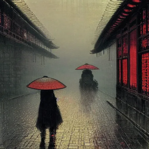 Prompt: rain in beijing, artwork by john atkinson grimshaw