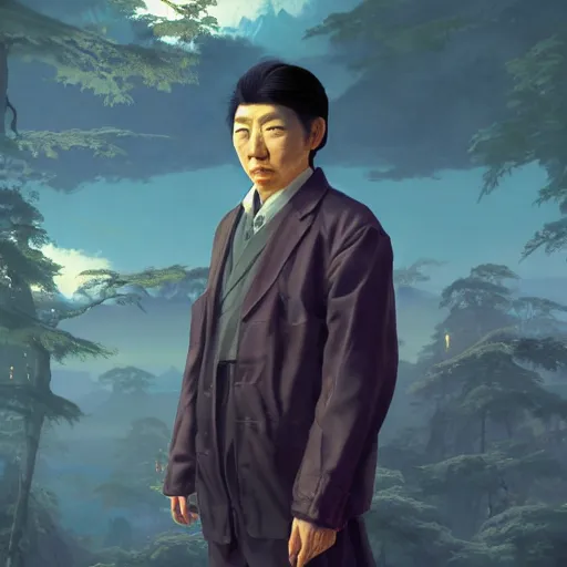 Prompt: Portrait of a japanese man wearing a solarpunk scientist outfit in a grand theft auto 5 loading screen , art by Albert Bierstadt and James Gurney, highly detailed, digital painting, matte painting, concept art, illustration, oppressive lighting, trending on artstation, very detailed