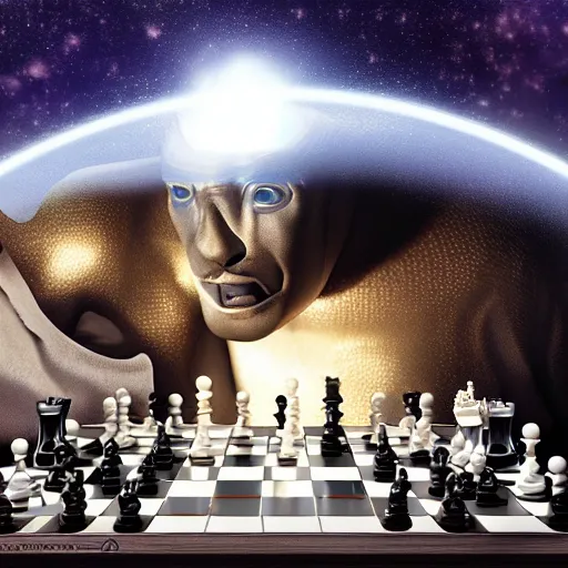 Prompt: photorealistic 8 k image of a giant in a tinfoil hat playing chess with aliens