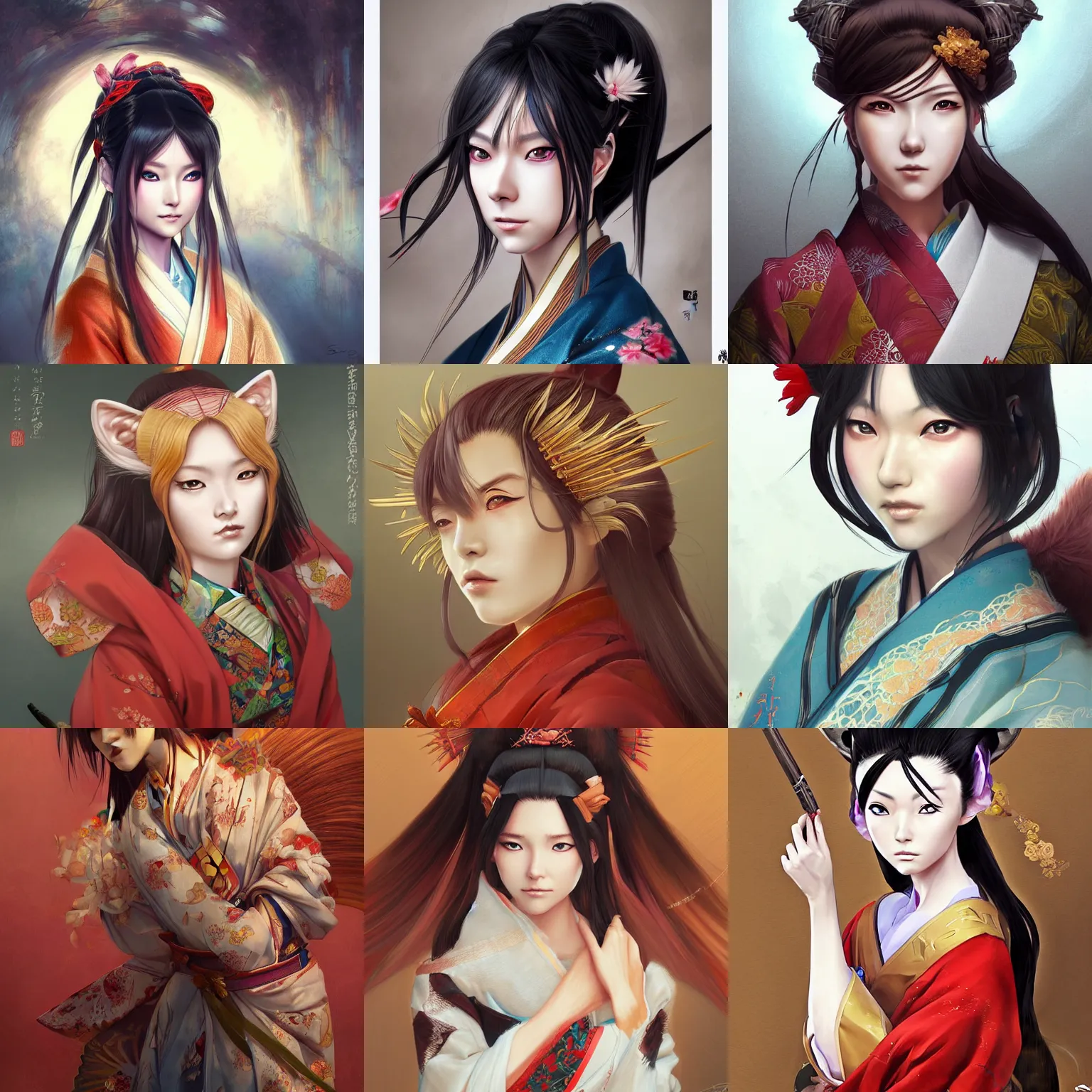 Prompt: A realistic anime portrait of a beautiful kitsune woman with a human face wearing a kimono, from Skyrim, digital painting, by Stanley Artgerm Lau, WLOP, and Rossdraws, digtial painting, trending on ArtStation, deviantart