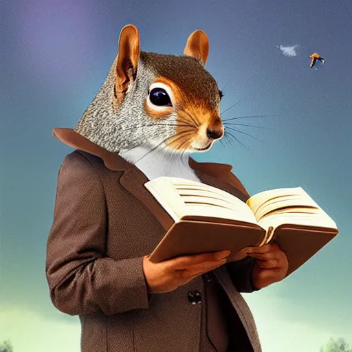 Prompt: of a matte painting of a squirrel character wearing a blazer reading a book