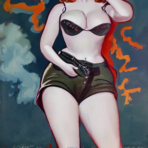 Prompt: Fully-clothed full-body portrait of Christina Hendricks as a pinup painting on world war II bomber