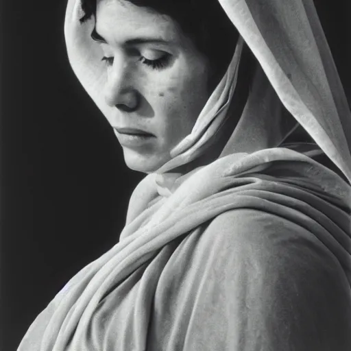 Prompt: The virgin Mary. Close-up studio portrait by Robert Mapplethorpe. Tri-x.