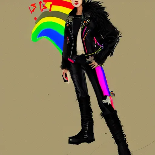 Image similar to wide angle full body, jacket wearing fluffy cute rainbow kitten wearing a black leather motorcycle jacket, cinematic concept art