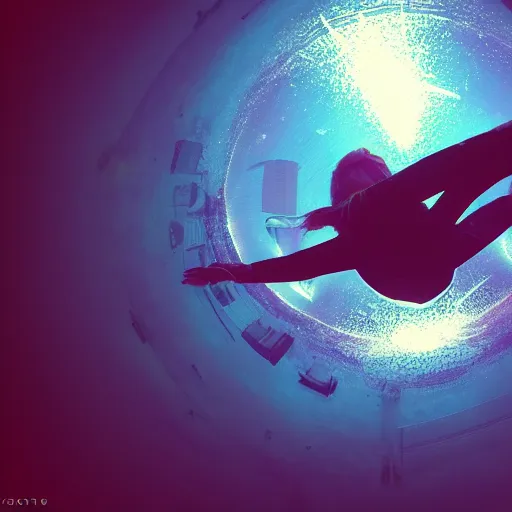 Prompt: falling from the sky, pov angle, 4 k, ultra realistic, fish eye, artstation, murky lighting, neon shadows, dreamlike