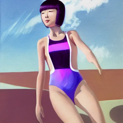 Prompt: a painting of a Japanese woman wearing racing competitive swimsuit, worksafe, by Beeple.