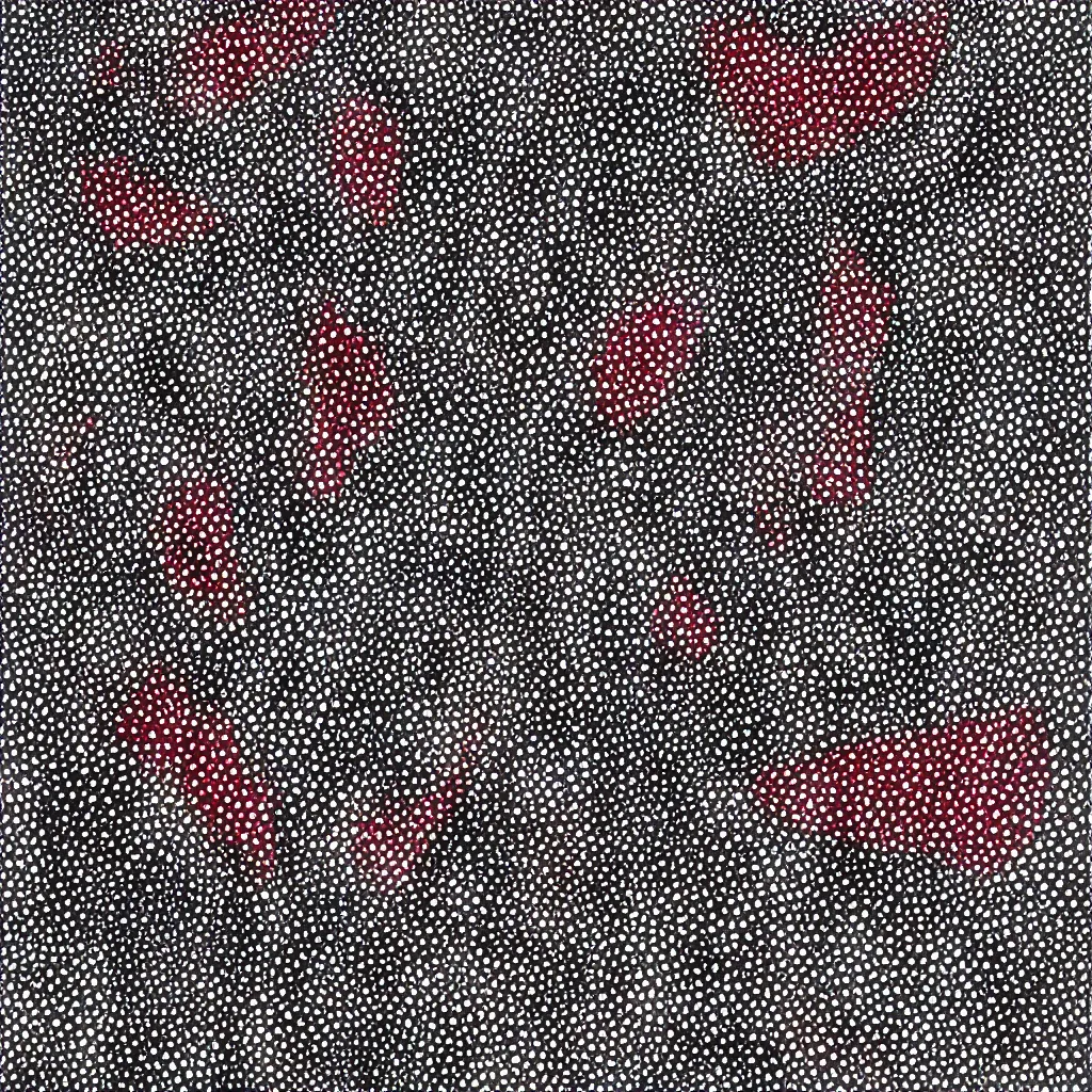 Image similar to camo made of hearts, smiling, abstract, rei kawakubo artwork, cryptic, dots, stipple, lines, splotch, color tearing, pitch bending, color splotches, dark, ominous, eerie, minimal, points, technical, old painting