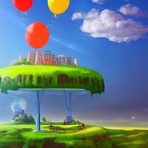 Image similar to a giant floating cake, with plenty of floating birthday balloons above a beautiful landscape. digital art, highly - detailed, artstation cgsociety masterpiece