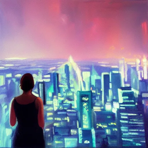 Prompt: “ a girl looking down at a futuristic new york city below, ghostpunk, neon lights, fog, storm clouds, rain, detailed face, oil painting, by edward hopper ”