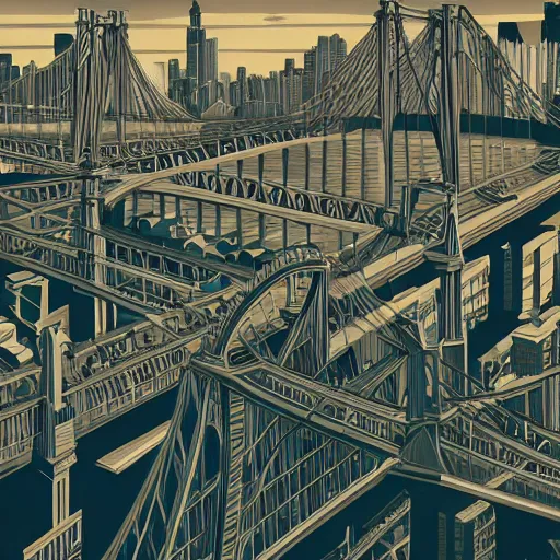 Image similar to Brooklyn skyline painting by MC Escher, realistic, abstract, ambient lighting, atmospherical, stunning visuals, creative, cinematic, ultra detailed, trending on art station