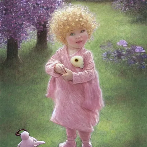 Prompt: a beautiful [[[smiling]]] little blonde toddler girl with short loosely curly hair, at the park on a beautiful day, holding a round all-pink stuffed penguin, by Artgerm, Mucha Klimt, Hiroshi Yoshida and Craig Mullins, featured on Artstation, CGSociety, Behance HD, Deviantart