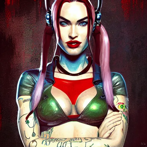 Prompt: portrait of megan fox as harley quinn, au naturel, hyper detailed, digital art, trending in artstation, cinematic lighting, studio quality, smooth render, unreal engine 5 rendered, octane rendered, art style by klimt and nixeu and ian sprigger and wlop and krenz cushart.