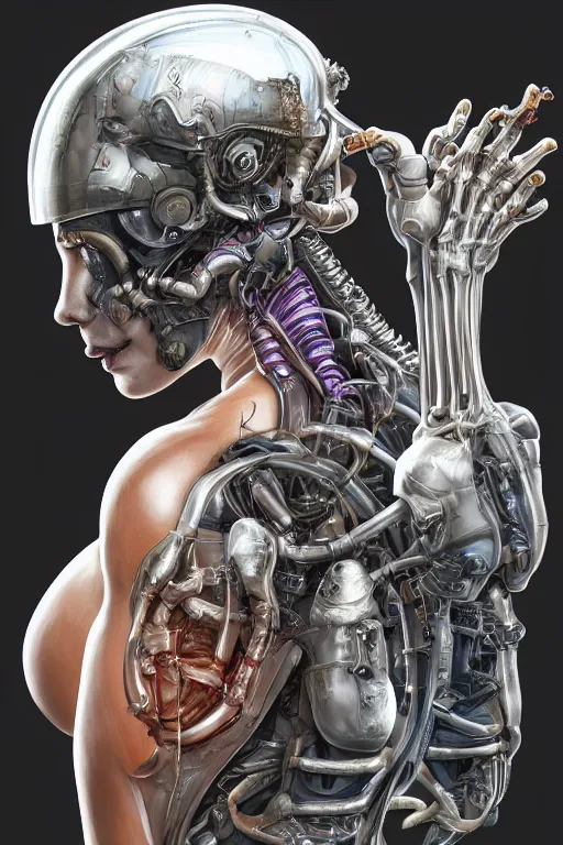 Image similar to a girl in a closed helmet in a biopunk costume consisting of swollen muscles, tendons, bones joints, protruding pistons. masterpiece 4k digital illustration by Scott M. Fischer, award winning, Artstation, Akira aesthetic, black background, intricate details, realistic, Hyperdetailed, 8k resolution