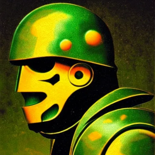 Image similar to portrait of a mutant chronicles bauhaus doomtrooper, wearing green battle armor, a yellow smiley sticker centered on helmet, by moebius