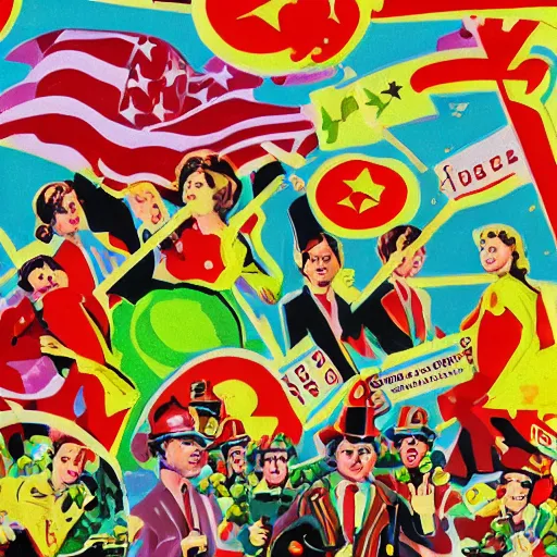 Image similar to a communist revolution in Candy Land, 1960s illustration, high quality, collage in the style of Klaus Voormann, album cover