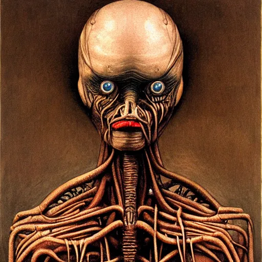 Image similar to hr giger portrait oil award winning monstrosity horror humanoid biomechanical woman zdzisław beksinski muted detailed hyperreal veins eyeballs