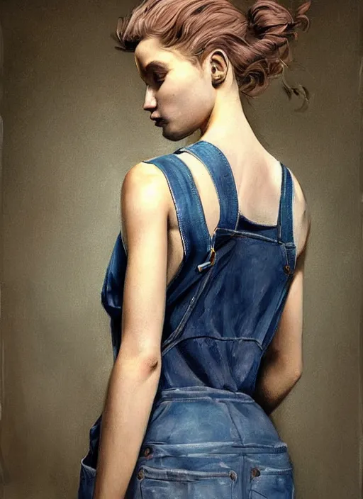 Image similar to digital _ painting _ of _ girl in tank top and overalls _ by _ filipe _ pagliuso _ and _ justin _ gerard _ symmetric _ fantasy _ highly _ detailed _ realistic _ intricate _ port