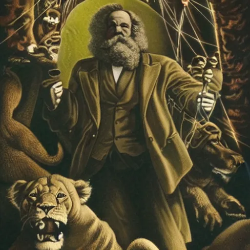 Image similar to Possessed Karl Marx prevents a thousand giant lions from eating Earth, space photography