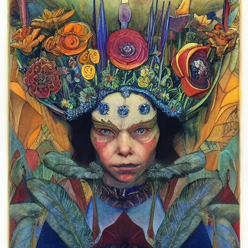 Image similar to the bone crown, by annie swynnerton and leo and diane dillon and ( diego rivera ), elaborate costume, flowers, iridescent beetles, rich color, dramatic cinematic lighting, smooth, sharp focus, extremely detailed