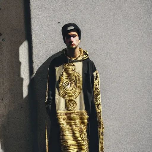 Prompt: streetwear cyberpunk cloak baggy wavy textile design greek pottery gold embroidery ancient artiface lines intricate model photograph hdr