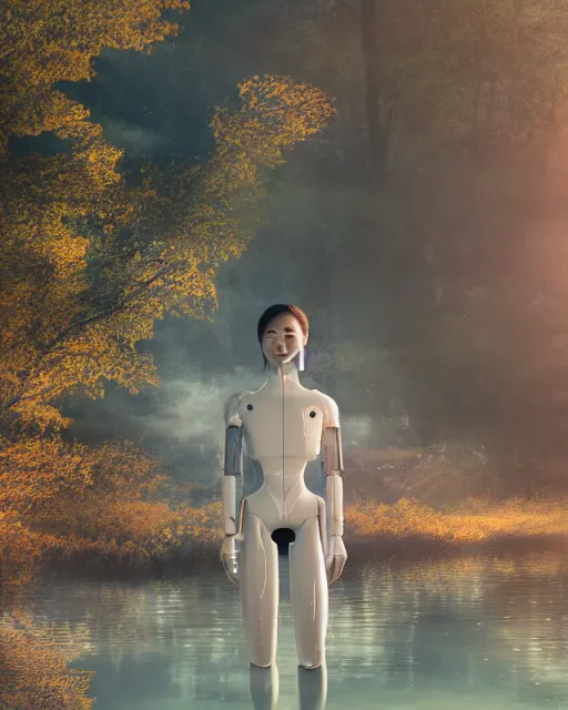 Image similar to beautiful centered photo portrait of hoyeon jung as a solarpunk robotic humanoid with white mechanical parts with bright halogen lights, walking through calm water, ultra - realistic and detailed, foggy background, sunset lighting, soft focus, slow exposure hdr 8 k