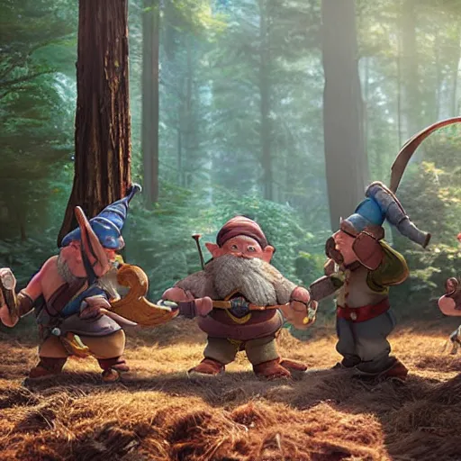 Image similar to a fantasy halfling gnome buffing his halfling allies in a redwood forest, unreal engine, octane render, realistic, matte painting, masterpiece, studio ghibli, beautiful, magical,