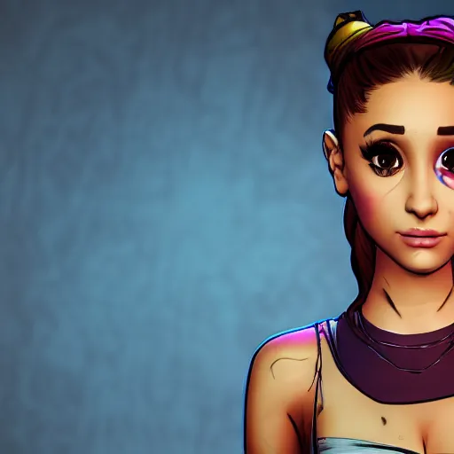 Image similar to ariana grande portrait, borderlands, tales from the borderlands, the wolf among us, comic, cinematic lighting, studio quality, 8 k