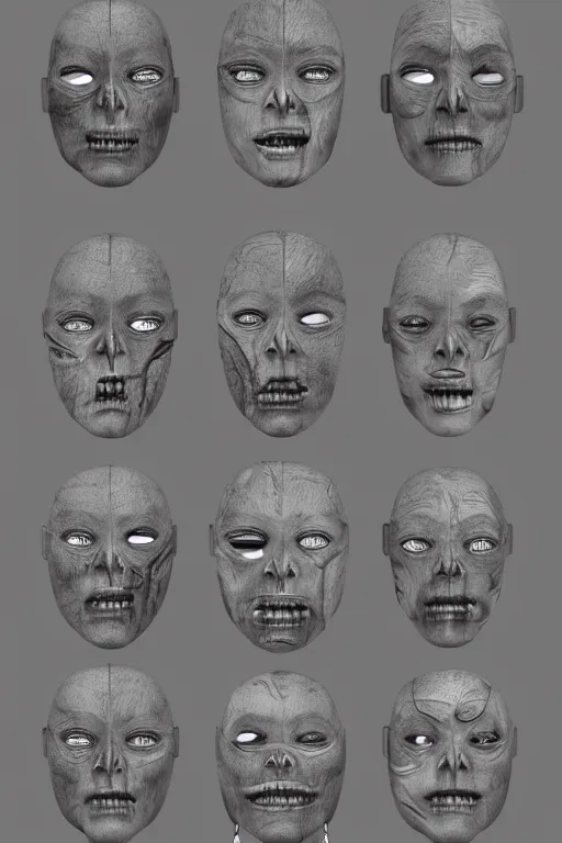 Image similar to mayan facial anatomy with gunmetal grey skin, medical anatomy, very symmetrical face, highly detailed, three - perspective / three - view reference sheet ( front / back / side ), in the style of dan ouellette, steven jung, amanda lilleston, hr giger, sil from species, dren from splice, mecha, artstation, unreal engine