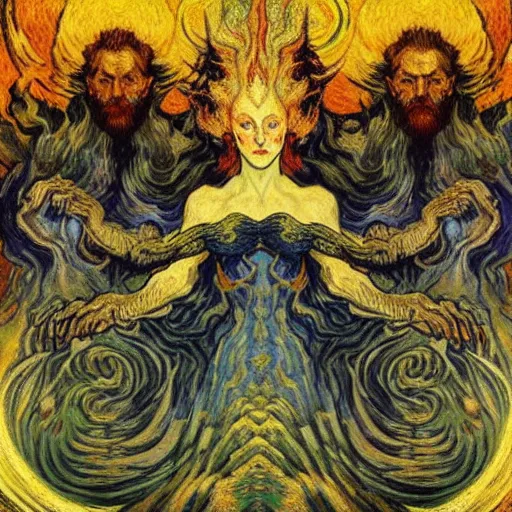 Image similar to Divine Chaos Engine by Vincent Van Gogh, Karol Bak, Jean Delville, William Blake, and Vincent Van Gogh