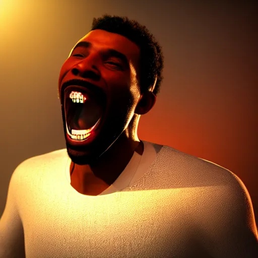 Image similar to a black man singing with all teeth shown ultra realistic, lens flare, atmosphere, glow, detailed, intricate, full of colour, cinematic lighting, trending on artstation, 4 k, hyperrealistic, focused, extreme details, unreal engine 5, cinematic, masterpiece, ultra realistic, hyper realistic, highly detailed, sharp focus, digital art