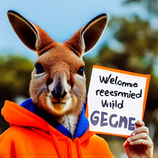 Prompt: a portrait photo of a kangaroo wearing an orange hoodie and blue sunglasses holding a sign on the chest that says welcome friends, subject : kangaroo, subject detail : wearing orange hoodie, wearing blue sunglasses, subject action : holding sign