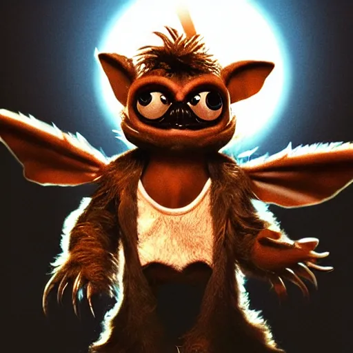 Image similar to gizmo from gremlins! standing on a cliff overlooking a small, quaint, and foggy town being overrun by gremlins, burning church in the center of town, fantasy, dramatic, dramatic lighting, highly detailed, extremely professional digital painting, law of thirds, artstation, concept art, smooth, sharp focus, illustration, by alena aenami and bernardo bellotto, octane render