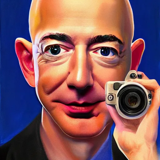 Image similar to jeff bezos, cameras for eyes, surreal, painting