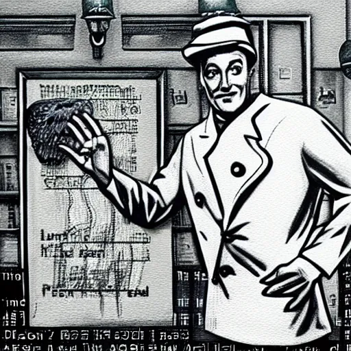 Image similar to beautiful lifelike painting of gene kelly demanding a refund on undercooked overpriced dinosaur steak in downtown dive bar bistro, hyperreal detailed facial features and uv lighting, ascii art by ed roth and basil wolverton