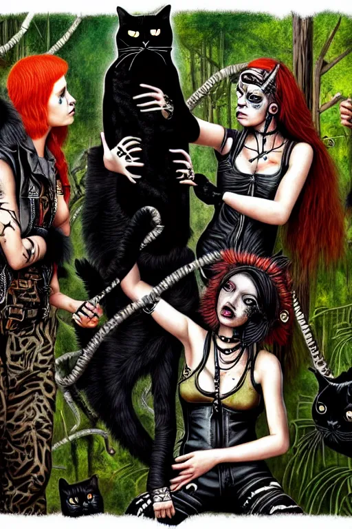 Prompt: punk rock girls making selfie with black cats in jungle , 1980 style, mad max jacket, post apocalyptic, Cyberpunk, renaissance, Gothic, mystic, highly detailed, digital painting, 4k, oil painting by Leonardo Da Vinci, hyper realistic style, fantasy by Olga Fedorova