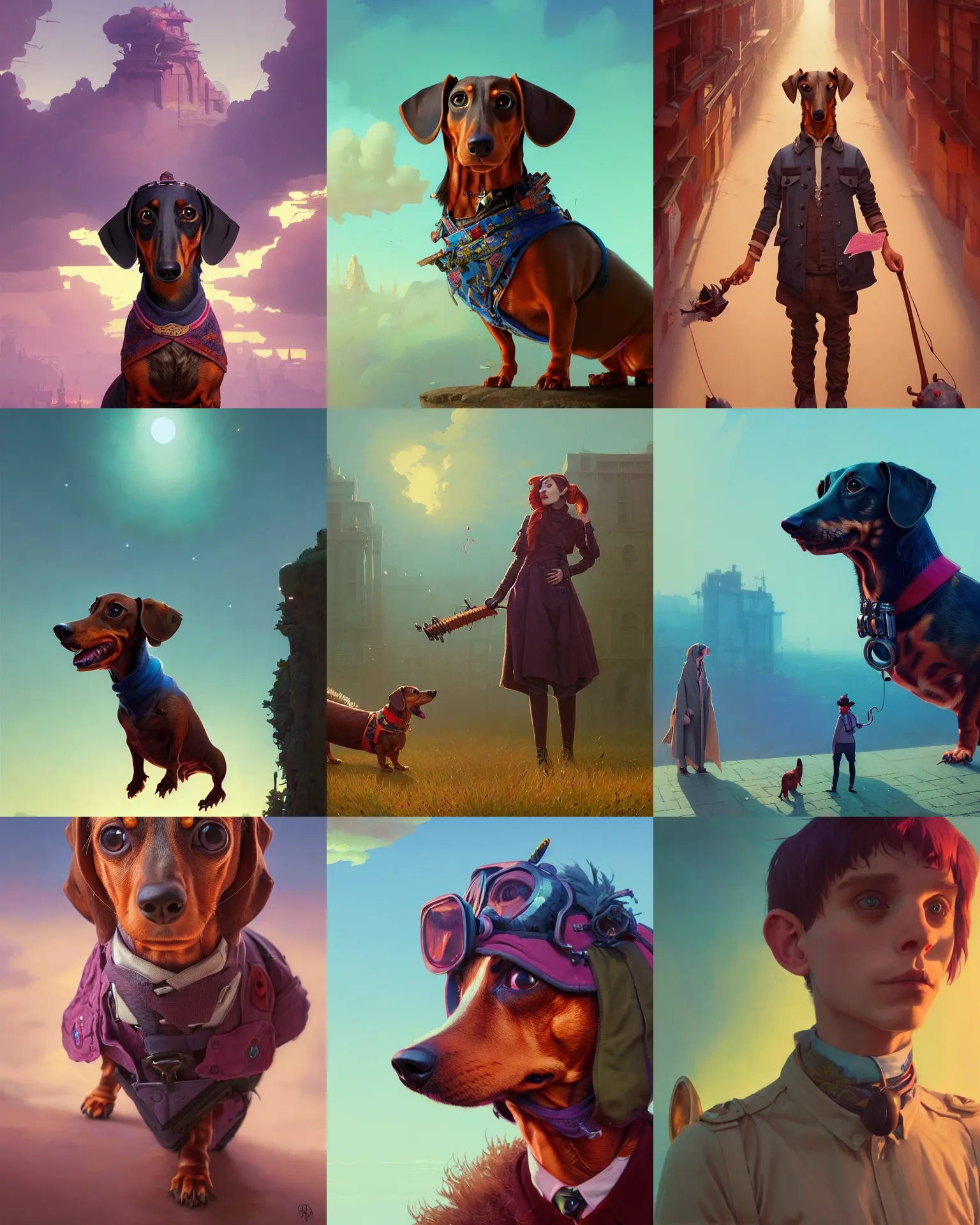 Image similar to highly detailed surreal vfx portrait of a nowpunk dachshund, stephen bliss, unreal engine, greg rutkowski, loish, rhads, beeple, makoto shinkai and lois van baarle, ilya kuvshinov, rossdraws, tom bagshaw, alphonse mucha, global illumination, detailed and intricate environment