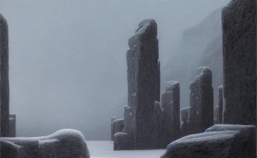 Image similar to phendrana drifts by zdzisław beksinski, icy landscape, snow, metroid, stone pillars, ruins, frozen lake