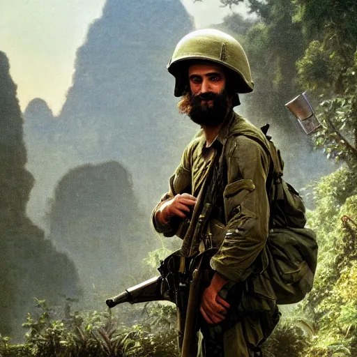 Image similar to an extremely detailed matte painting of a ridiculously good looking mimi mathy that looks like a jewish gigachad in the vietnam war, wearing a ballistic helmet from patton, long curly hair, camouflaged gear, very detailed, jungles of vietnam beautiful, intricate, cinematic, artstation, william bouguereau, alphonse mucha, greg rutkowski, stanley kubrick, octane render