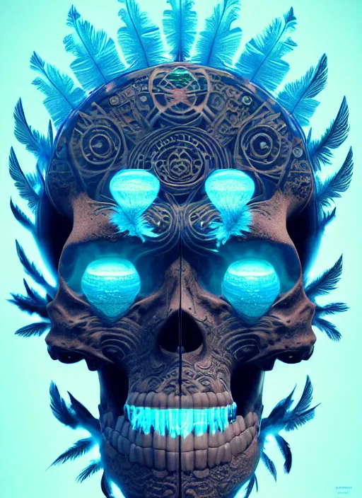 Image similar to 3 d shaman with tattoos profile portrait, sigma 5 0 0 mm f / 5. beautiful intricate highly detailed quetzalcoatl skull and feathers. bioluminescent, plasma, lava, ice, water, wind, creature, thunderstorm! artwork by tooth wu and wlop and beeple and greg rutkowski, 8 k trending on artstation,