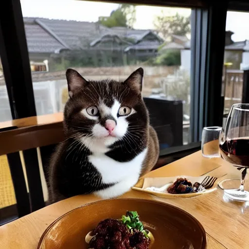 Prompt: chonky cats living lavish life drinking wine eating at the restaurant