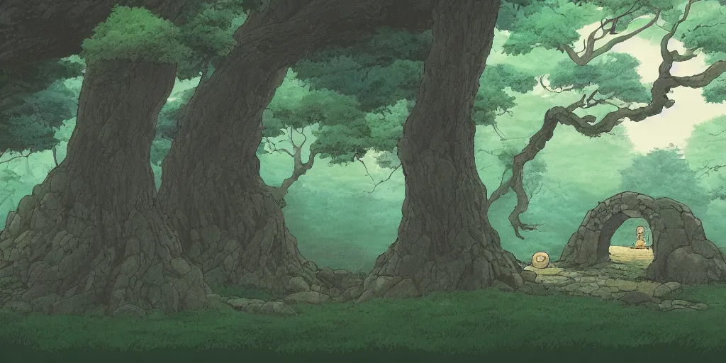 Prompt: award - winning movie still, landscape, dark forest, stone circle, by studio ghibli,