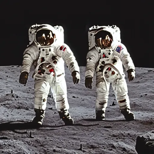 Prompt: astronauts on the moon with monsters in the background, scarey movie, astronauts, grainy film, apollo footage