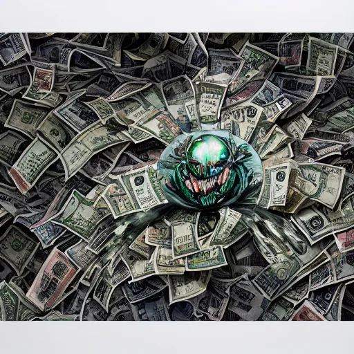 Prompt: tornado made of dollar bills swirling in the wind, dark clouds of cash in the background, very realistc, highly detailed, by Alex Pardee and Nekro and Petros Afshar, unstirred paint, vivid color, cgsociety 4K