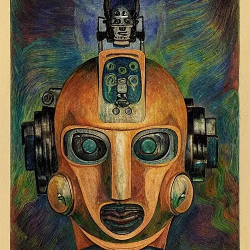 Prompt: the robot in her mechanical mask,by Annie Swynnerton and Diego Rivera, symbolist, dramatic lighting, elaborate geometric ornament, Art Brut, bioluminescent, soft blues and greens,smooth, sharp focus, extremely detailed, Adolf Wölfli