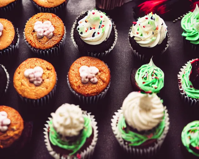 Image similar to dslr food photograph of a cupcake with a slice of pickle on top, 8 5 mm f 1. 4